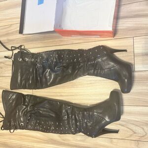 Women's Black Lace-Up Knee-High Stiletto Boots